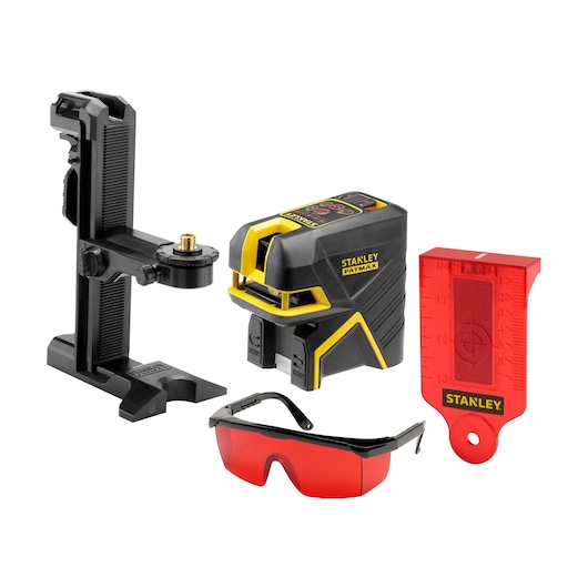 STANLEY FMHT1-77415 laser level kit with mounting bracket, red target card, and red safety glasses, front view.
