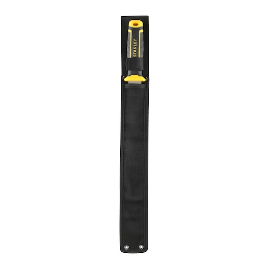 STANLEY FMHT10327-1 chisel with yellow and black handle in black fabric holder, top view photo.