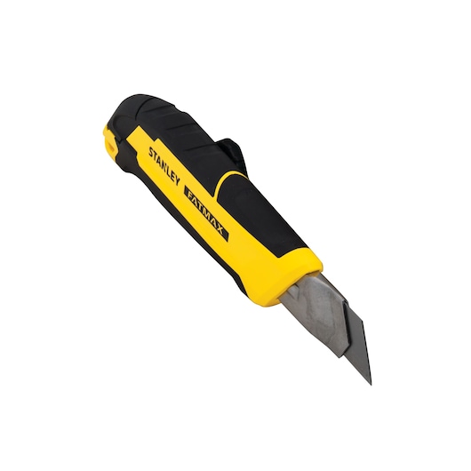STANLEY FATMAX utility knife, yellow and black, angled side view on white background