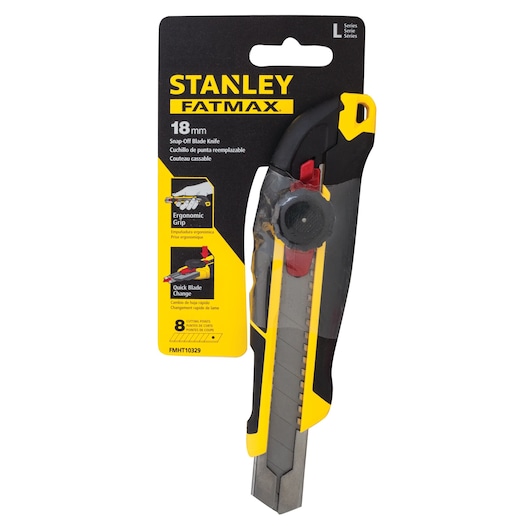 STANLEY FMHT10329 FATMAX 18mm snap-off blade knife, ergonomic grip, front view on white background.