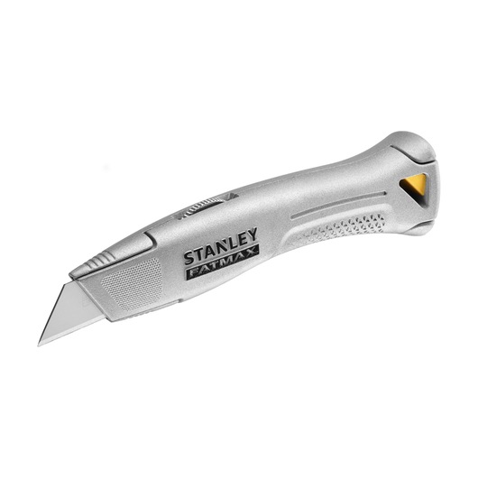 STANLEY FMHT10501-0 utility knife, silver, FATMAX branding, angled side view, textured grip handle.
