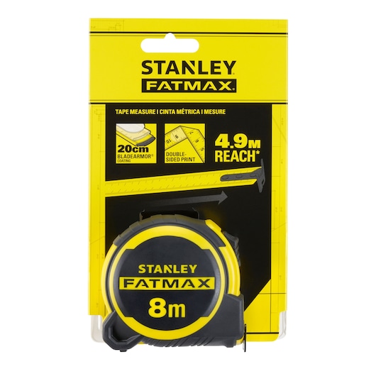 STANLEY FATMAX 8m tape measure FMHT33102-0 with yellow and black casing, in retail packaging, front view.