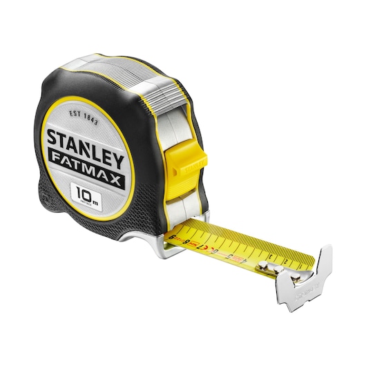 STANLEY FMHT38232-0 FATMAX tape measure, 10m, black and yellow, angled side view on white background.