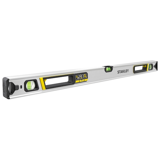 Stanley FMHT43674-1 aluminium spirit level, 3 vials, front angle, yellow and black accents.