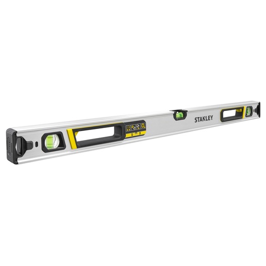 STANLEY FMHT43675-1 spirit level with three vials, aluminum body, black and yellow accents, angled view.