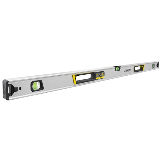 STANLEY FMHT43676-1 spirit level with aluminum body, three vials, yellow accents, angled view on white background.