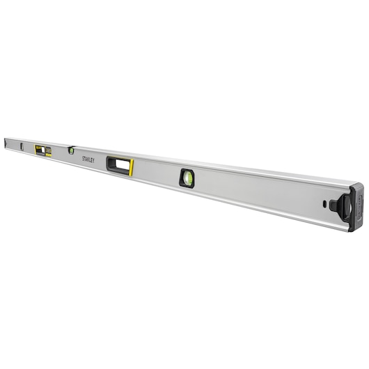 STANLEY FMHT43679-1 aluminum spirit level, front angle on white background, featuring three vials and black end caps.