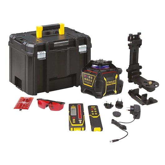 Stanley laser level kit with case, detector, remote, mount, charger, adapters, red glasses, and target card.