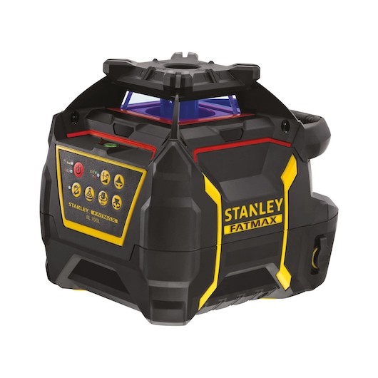 Stanley FatMax RL 700L rotary laser level, black and yellow, with control panel and protective housing.
