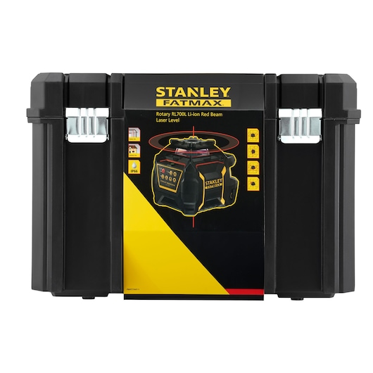 STANLEY FMHT77447-1 black rotary laser level case, front angle, with yellow and red branded graphics.