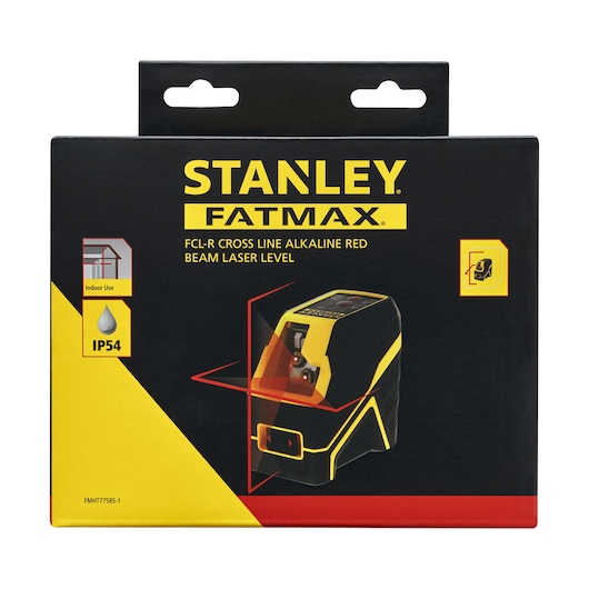 Stanley FMHT77585-1 Fatmax cross line red beam laser level box front, yellow and black, angled view.