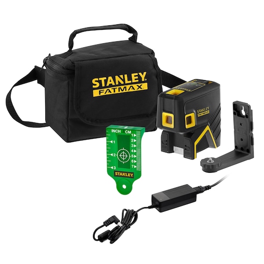 STANLEY FMHT77596-1 laser level kit with black carrying case, bracket, green target card, and charger, front angle.