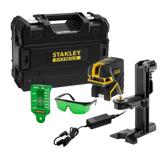 STANLEY FMHT77597-1 laser level kit with black case, mount, charger, target plate, and green safety glasses, front angle.