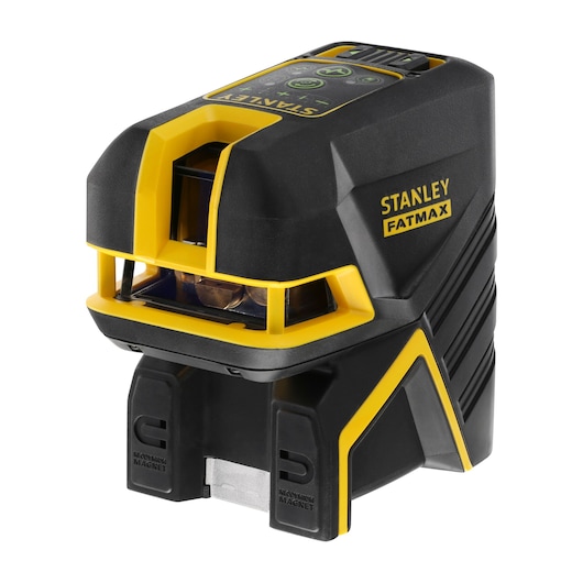 STANLEY FMHT77597-1 cross line laser level, black and yellow, angled view on white background.