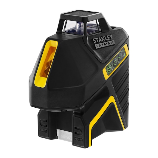 STANLEY FMHT77617-1 laser level, black and yellow, front angle, construction tool.