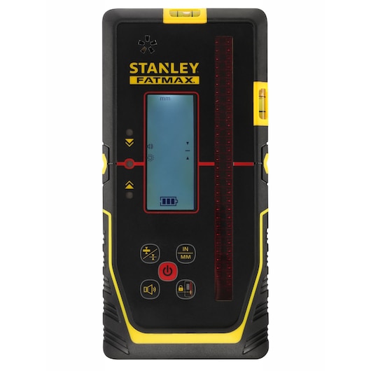 STANLEY FMHT77652-0 laser receiver with digital display, front view, black and yellow casing.