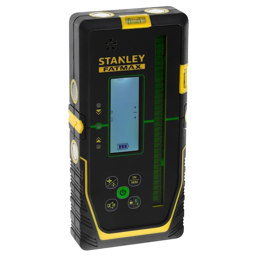 STANLEY FMHT77653-0 laser detector, black and yellow, front angle, with digital display and control buttons.
