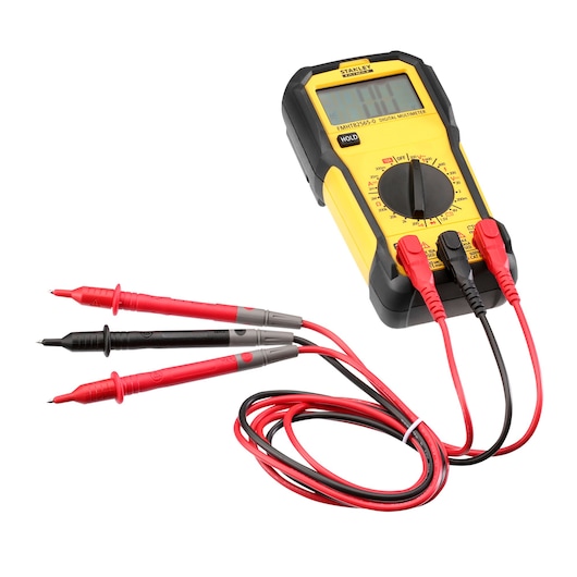 STANLEY FMHT82565-0 digital multimeter, yellow and black, with red and black test leads, front angle