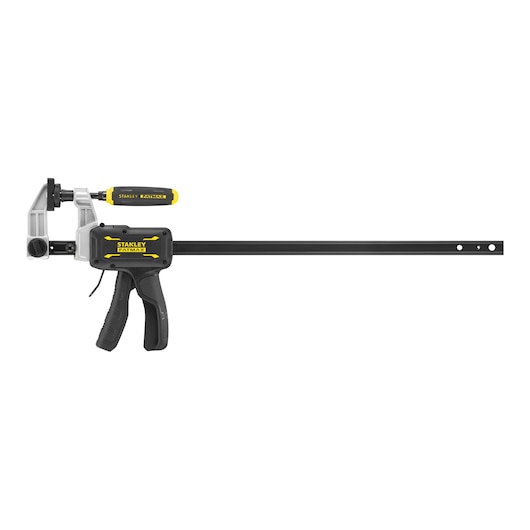 STANLEY FMHT83007-0 bar clamp with ergonomic handle, side view, black and yellow accents, photography.