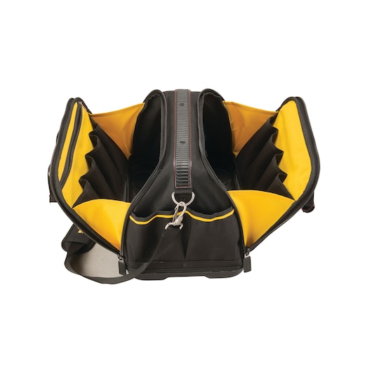STANLEY FMST1-73607 tool bag with yellow interior, open top view showing multiple pockets.