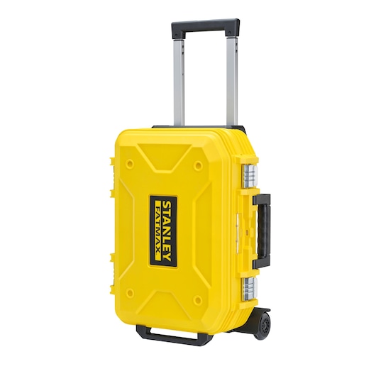 STANLEY FMST1-75530 yellow rolling toolbox, front angle, with black extendable handle and wheels.