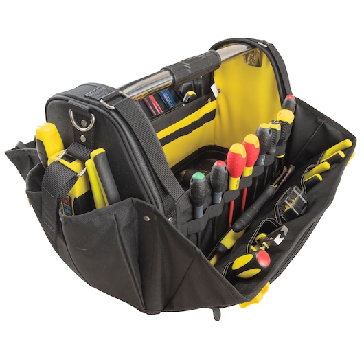 STANLEY FMST1-80146 tool bag filled with assorted hand tools, front angle, black and yellow design.