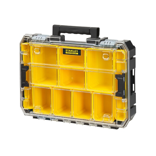 STANLEY FMST82967-1 yellow organizer box with clear lid and black handle, front angle photo.