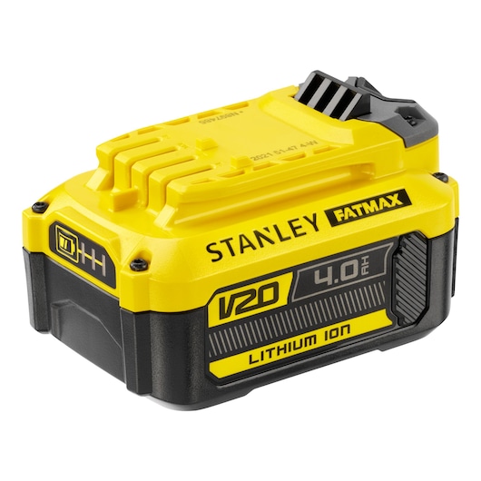 Photo of STANLEY SFMCB204 V20 Fatmax 4.0Ah lithium ion battery, angled view on white background.