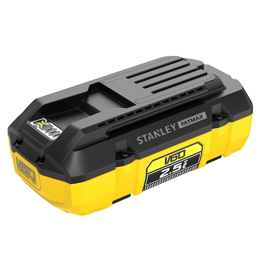 STANLEY FATMAX SFMCB6025 power tool battery, black and yellow, side angle on white background.