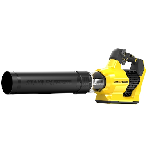 STANLEY SFMCBLB76B cordless yellow and black leaf blower, side angle, showing handle and extended nozzle.