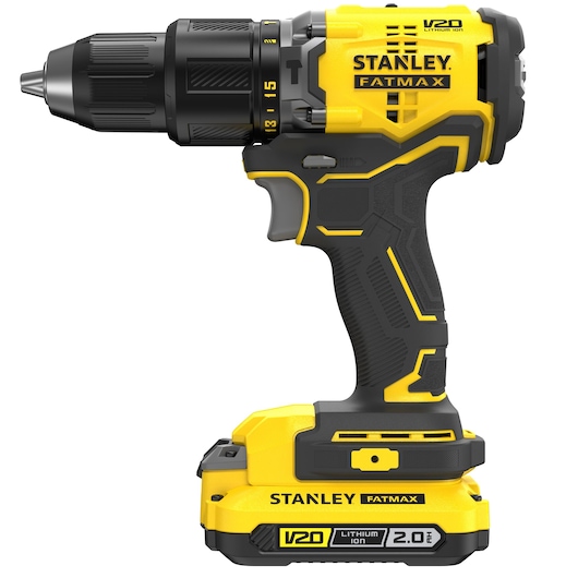 STANLEY SFMCD715D2K cordless drill, yellow and black, side view, with V20 2.0Ah Lithium-Ion battery.
