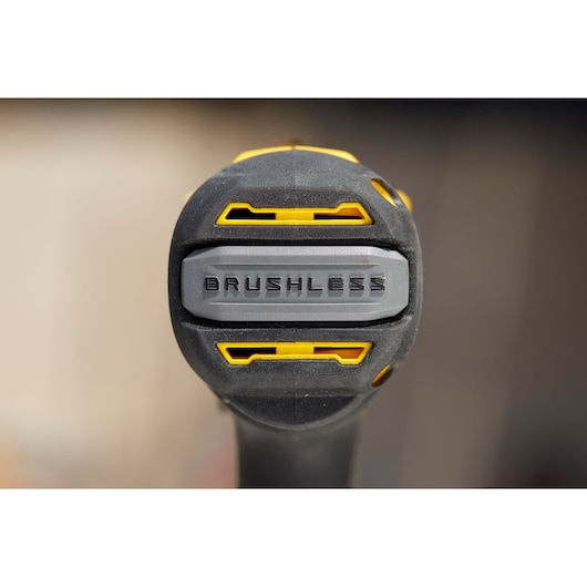 STANLEY SFMCD721D2K photography of brushless drill handle close-up with yellow and gray accents.