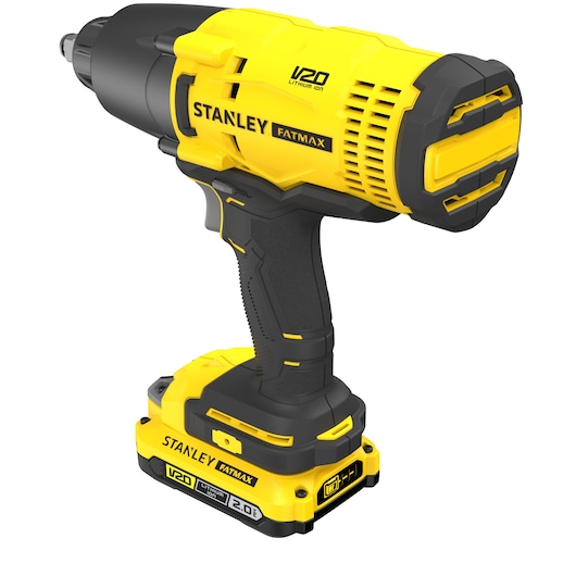 STANLEY SFMCF900B cordless impact wrench, yellow and black, side angle, V20 FATMAX Lithium-Ion, power tool.