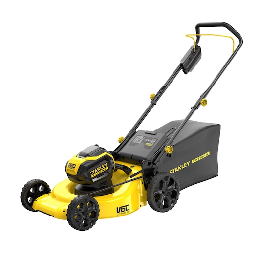 STANLEY SFMCMW2653B cordless lawn mower, yellow and black, side angle, with grass collection bag and V60 Lithium-Ion battery.