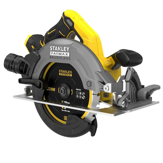 STANLEY SFMCS550B cordless circular saw, side angle, yellow and black, brushless, FATMAX series.