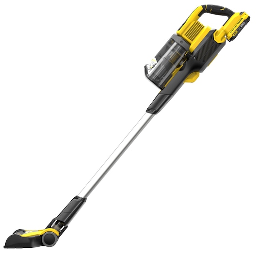 STANLEY SFMCVS001D1 cordless stick vacuum, yellow and black, side angle on white background.