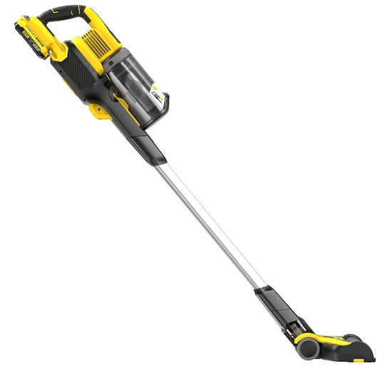 STANLEY SFMCVS001D1 cordless stick vacuum, yellow and black, side angle on white background.