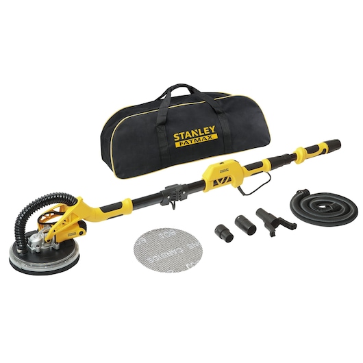 STANLEY SFMEE500S drywall sander kit with yellow and black sander, carrying bag, hose, mesh discs, and attachments, front angle.