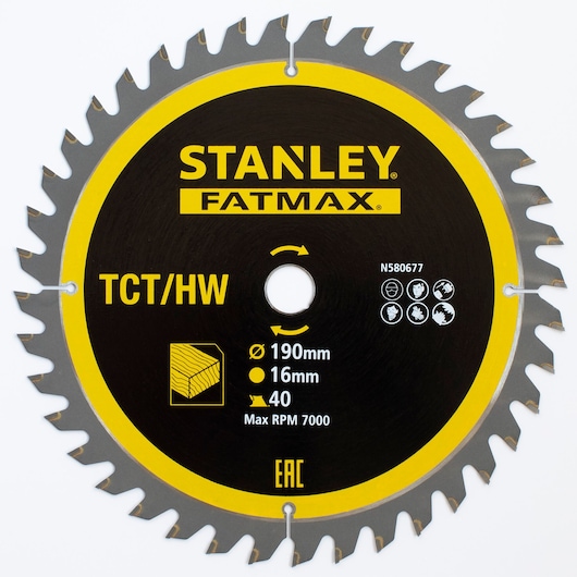 Photo of STANLEY circular saw blade FATMAX STA13365, 190mm diameter, 40 teeth, black and yellow, front view.