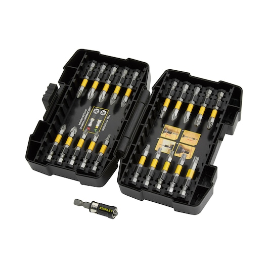 Stanley drill bit set in black case, open to show assorted bits and a bit holder on a white background.