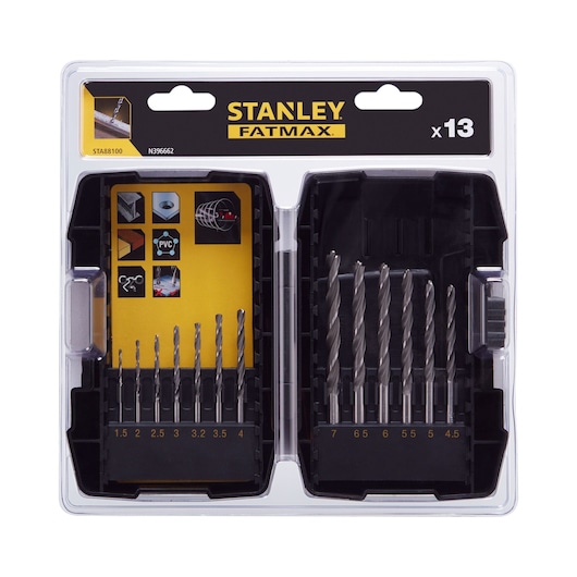 STANLEY STA88100 drill bit set, 13-piece, in black plastic case, front angle photo.