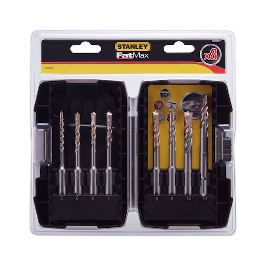 STANLEY STA88101 photography of FatMax drill bit set in plastic case, eight assorted metal bits front view.