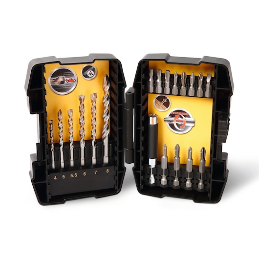 STANLEY STA88201 drill and screwdriver bit set in black plastic case, photo shows open case with organized bits.