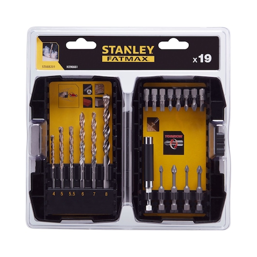 STANLEY STA88201 drill and screwdriver bit set, 19 pieces in plastic case, top-down angle.