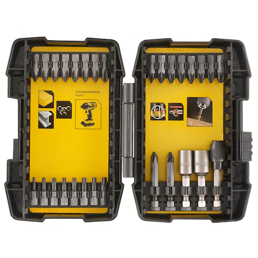 STANLEY STA88500 screwdriver bit set in black case, yellow background, assorted bits and holders shown top-down.