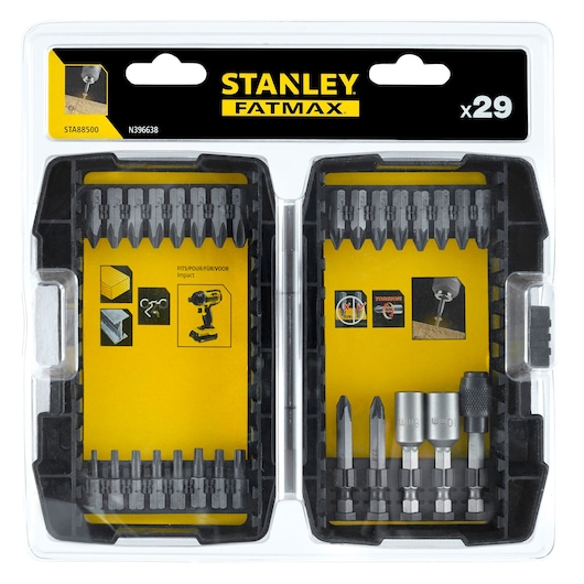 STANLEY STA88500 screwdriver bit set, 29-piece, in plastic case, photo from top angle.