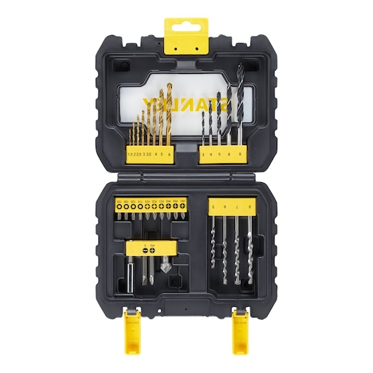 STANLEY STA88550 drill and bit set in black case, open view, assorted bits and accessories.