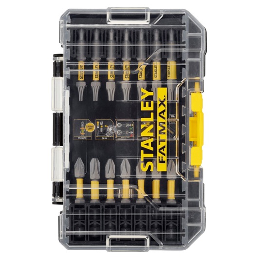 STANLEY STA88558 screwdriver bit set in clear plastic case, top view showing multiple labeled bits with yellow accents.