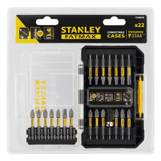 Photo of STANLEY STA88558 FATMAX 22-piece screwdriver bit set in connectable plastic case, top view.