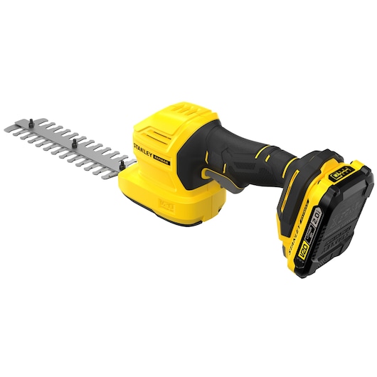 STANLEY STCSS20D1 cordless hedge trimmer, yellow and black, side angle on white background.